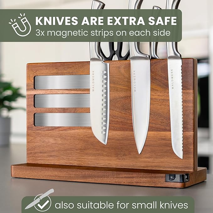 WALDWERK Extra Large Magnetic Knife Holder (16”) - Acacia Wood Knife Block Without Knives - Knife Holder - Magnetic Knife Block - Knife Storage - Knife Magnet Organizer for Countertop