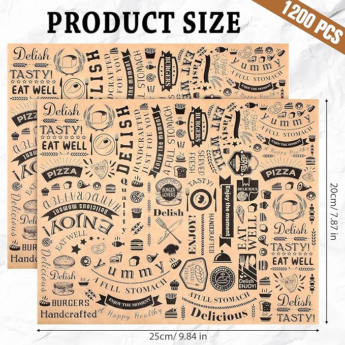 Outus 1200 Pcs 8 x 10 Inch Deli Wax Paper Sheets Grease Resistant Tray Basket Liners Newsprint Paper Water and Grease Proof Sandwich Wrapping Square Hot Dog Wrappers for Food Baking (Brown)