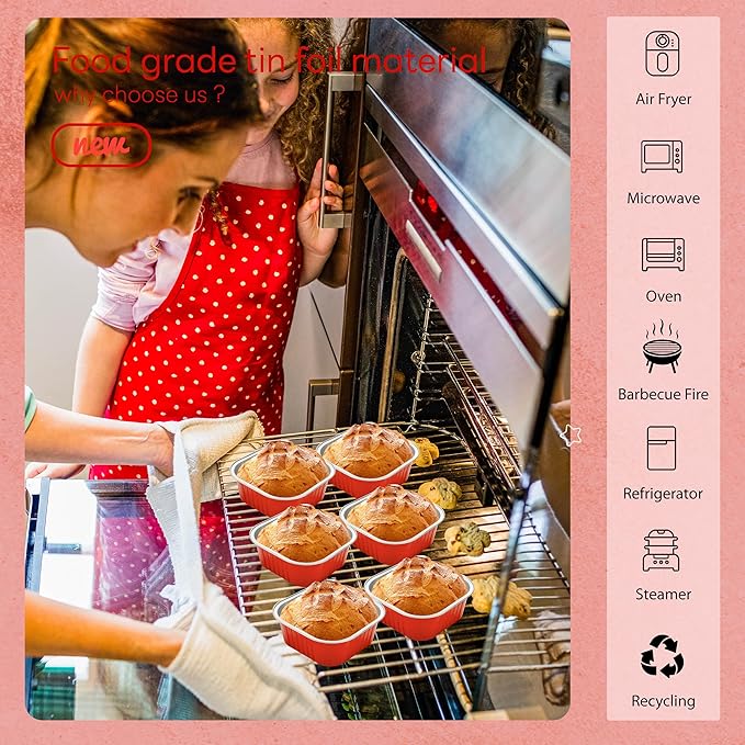 50 Pcs Mini Square Baking Cups with Lids and Spoons Aluminum Foil Mini Cake Pans with Lids Disposable Ramekins Cake Pans Dessert Cups for Wedding Birthday Party(Red,10oz)