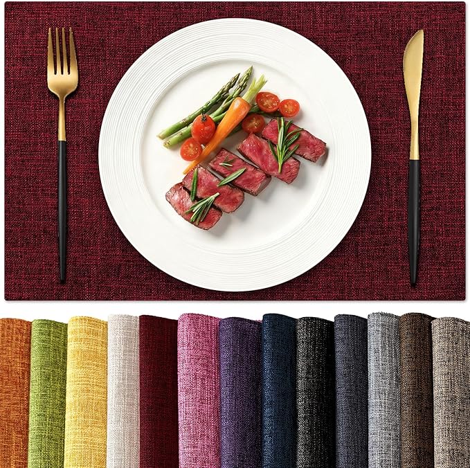 KXN Christmas Placemats Set of 6, Dual-Layer Thickened Faux Linen Table Mats, Heat Resistant & Wrinkle-Free, Machine Washable Cloth Place Mats for Kitchen Dining Indoor Outdoor (Red)