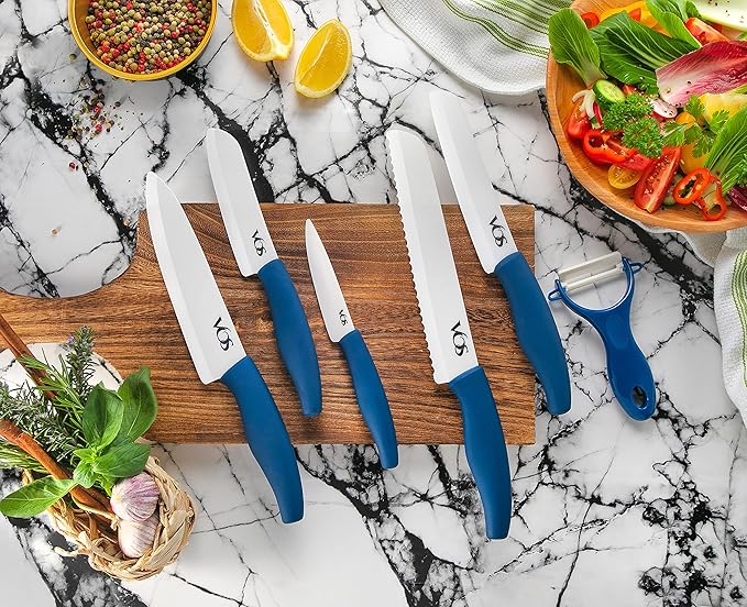 Vos Ceramic Knife Set with Peeler – 4", 5", 6", 7", 8" Blue Ceramic Kitchen Knives