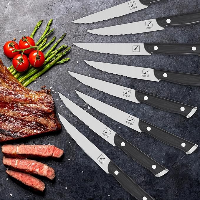 imarku Steak Knives, Steak Knives Set of 8, Serrated Steak Knife Set with Pakkawood Ergonomic Handle, Japanese HC Steel Steak Knife and Gift Box, Best Gift for Christmas&Thanksgiving