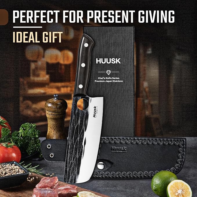 Huusk Japanese Nakiri Knife, 7 Inch Vegetable Chopping Knives with Full Tang Design, Hand Forged Cleaver with Ebony Handle, Japanese Kitchen Knife for Meat Cutting, Cooking Gift for Men