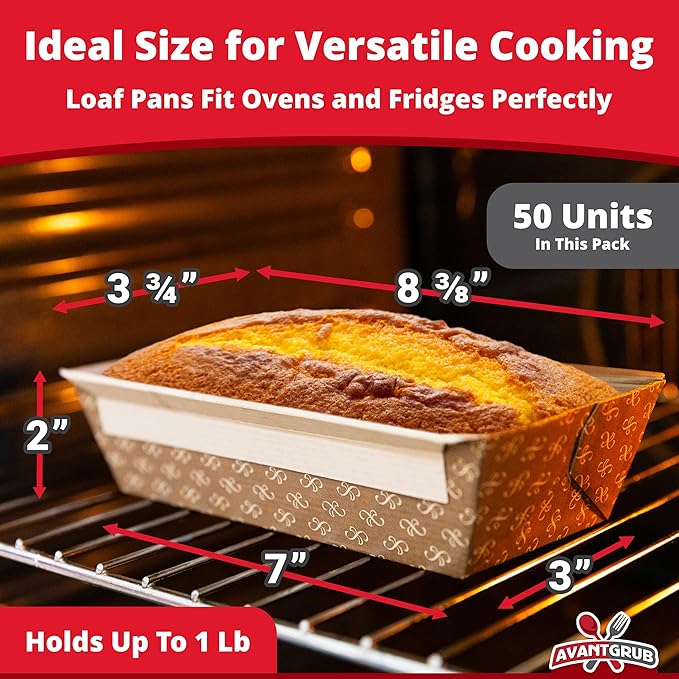 Chef-Grade Elegant 1Lb Paper Loaf Pans 50 Pk. Best Disposable Bakeable Kraft Pan Supply for Baking Bread, Small Meatloaf, Lemon Bundt Cake, Sweets for Holiday Gifts, Bake Sales or Fundraiser.