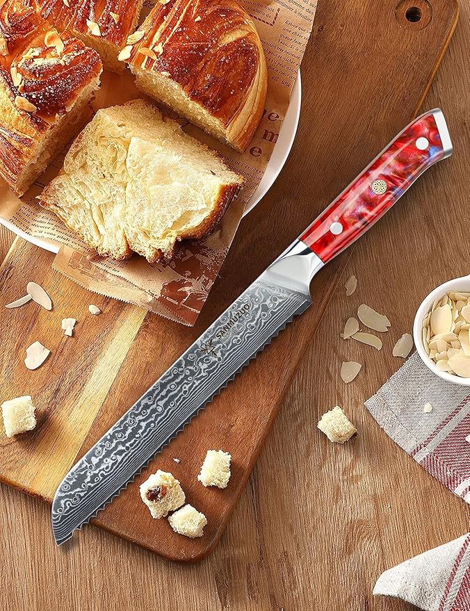 8” Bread Knife Serrated Kitchen Chef Knife - Damascus Steel & Resin Handle - Xuan Series (Sunset Red)