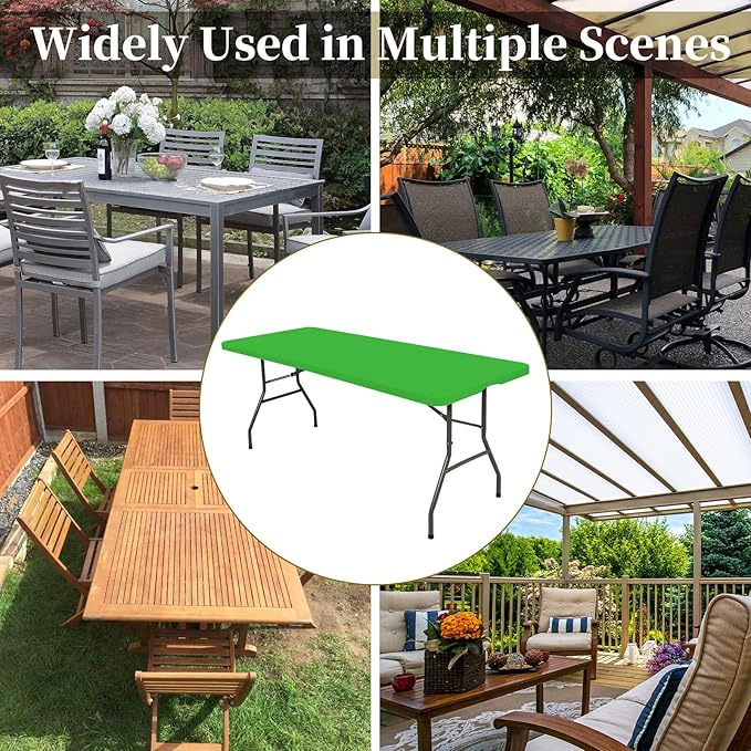6 Pack Fitted Tablecloth for 6 Foot Rectangle Tables, Green Elastic Outdoor Picnic Table Cover, Washable Stretch Folding Table Cloths 6 ft for Camping Party Patio Kitchen Banquet, 30" W x 72" L