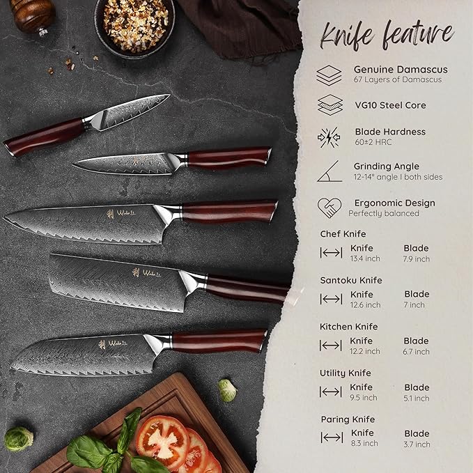 Wakoli Red Knife Block Set – 5-Piece Professional Damascus Kitchen Knife Set with Magnetic Block | 67-Layer Damascus Steel with VG10 Core | Ergonomic Rosewood Handles | Gift Box (Rose Elegance)