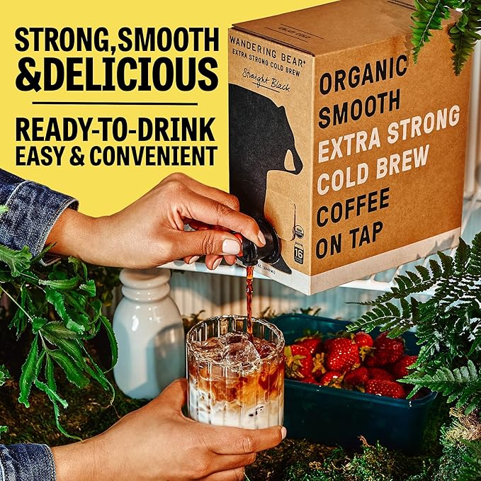 Wandering Bear Organic Caramel Cold Brew Coffee On Tap, Iced Coffee Drink - Extra Strong, Bold, Smooth, No Sugar Added, Shelf-Stable, Ready to Drink,Gluten Free & Vegan -16 Servings of 6fl.oz -96fl.oz