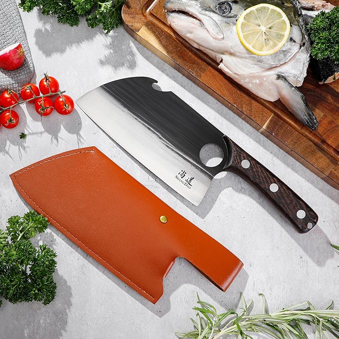 SHANGDAO 7" Deba Knife, Hand Forged Cleaver Butcher Knife for Meat Cutting, Japanese Kitchen Viking Knife with Sheath, Cooking Knife for Kitchen and Outdoor Camping, Thanksgiving Christmas Gifts