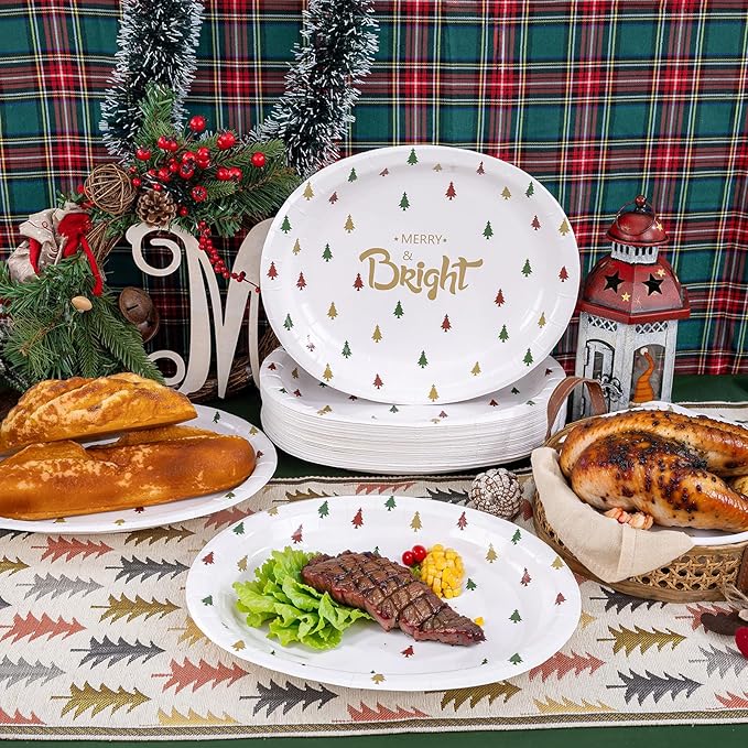 WDF 100 Pack Christmas Paper Plates - 10" x 12"Disposable Christmas Plates Disposable with Christmas Trees-Large Oval Paper Plates Heavy Duty- Party Plates for Christmas