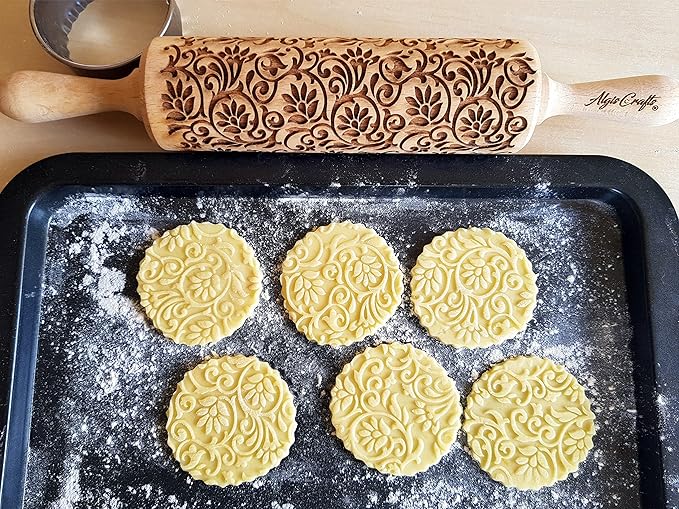 FLOWERING VINE Embossing Rolling Pin. Laser Engraved Dough Roller with Climbing Flowers Pattern for Embossed Cookies or Pottery by Algis Crafts