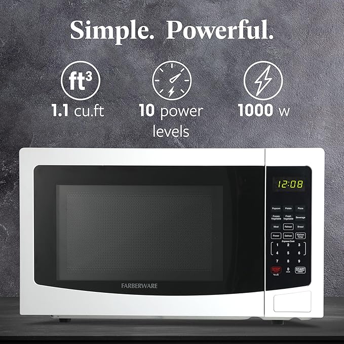 Farberware 1.1 Cu. Ft. Countertop Microwave Oven – 1000 Watts Power, Auto Cook Settings, Defrost, Easy Clean and Child Safety Lock-White