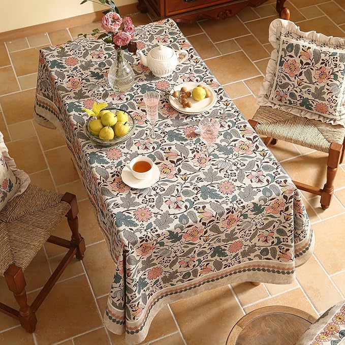 ISAENNE Designer Boho Floral Long Rectangle Tablecloth,Linen Lotus Flower Pattern Colorful Indoor Table Cloth,Durable Decor Tablecloths for Dining Thanksgiving Kitchen Christmas,63"*102"-Hazel A