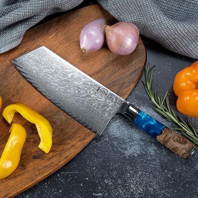 SENKEN Damascus Steel Cleaver Knife - Tsunami Collection - 67-Layer Japanese VG10 Steel - Unique Blue Resin & Natural Wood Handle, Razor Sharp, Beautiful Damascus Wave Pattern (7.5" Cleaver Knife)