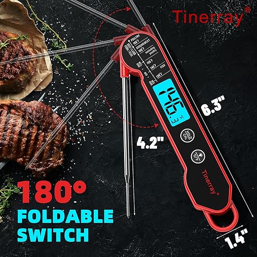 Digital Meat Thermometer for Cooking – Waterproof Instant Read Food Thermometer with Backlight & Calibration, Fast Read, Folding Probe for BBQ, Grill, Candy, Deep Fry, Kitchen, Liquids, Beef（Red）