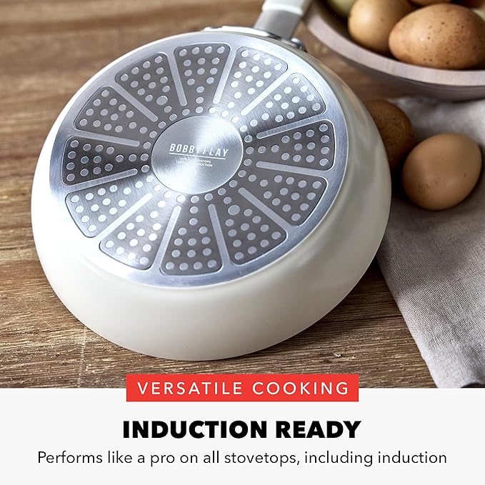 GreenPan x Bobby Flay 10" Nonstick Frying Pan Skillet, PFAS-Free Diamond Ceramic, Induction Suitable, Stay-Cool Silicone Handle, Easy Clean Dishwasher & Oven Safe, Egg & Omelet Pan, Cream