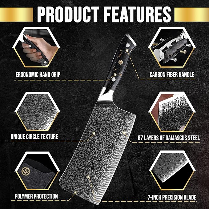SliceElite Elite Series 7-Inch Damascus Bone Cutting Knife – VG10 Steel Blade with Forged Carbon Fiber Handle Infused with Gold Leaf, Sheaths Option (Bone Cutting Knife)
