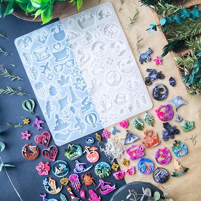 Keychain Resin Molds Silicone with Hole, 54pcs UV Resin Jewelry Mold, Epoxy Resin Molds for Keychain Pendant Jewelry Making Molds for Epoxy Resin Earring Mold, Earrings, Necklace