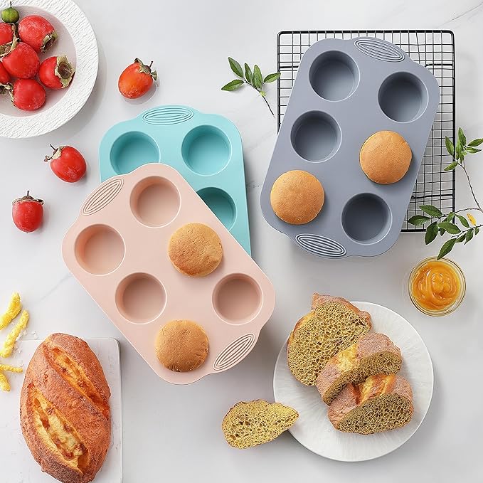 Silicone Muffin Pan, Food Grade Silicone Cupcake Molds for Baking Muffins and Cupcakes, 6-Cup Nonstick Cupcake Pan, Easy Cleaning and BPA-Free (Gray, Orange, Blue)