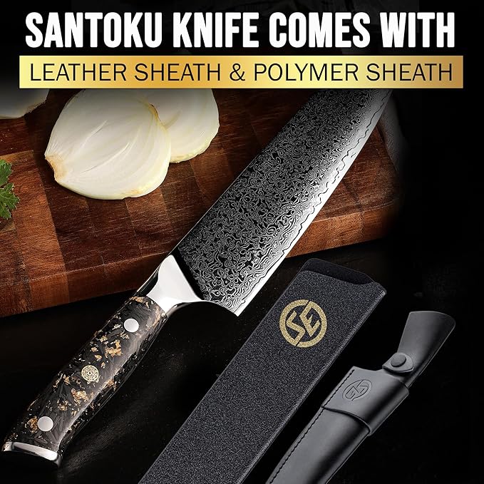 SliceElite Elite Series 7 Inch Santoku Knife VG10 Damascus Steel Forged Carbon Fiber Handle Dual Protection Cutting Kitchen Tool Sharp Vegetable Meat Chopping BBQ Chef Slicing Cleaver Camping Butcher