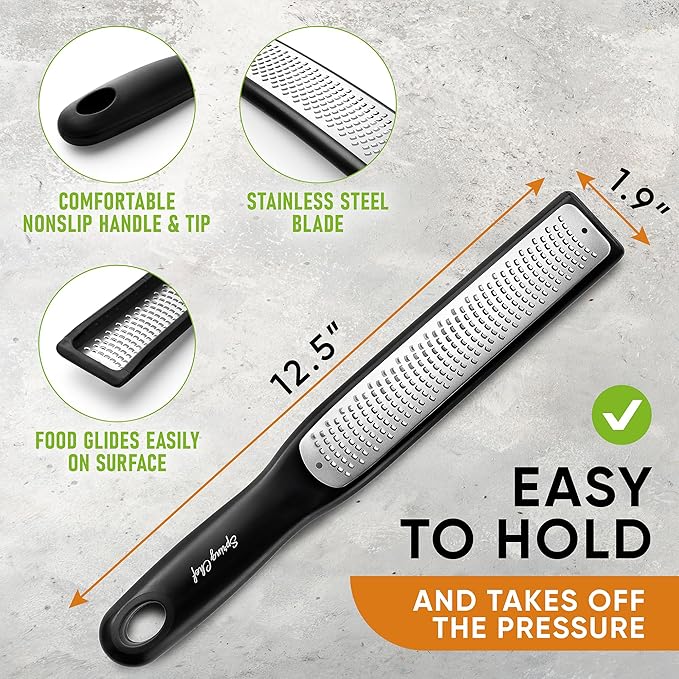 Spring Chef Premium Lemon Zester Grater with Handle - Fruits, Garlic, Chocolate, Nutmeg, Ginger Grater - Heavy Duty Kitchen Tool - Stainless Steel Citrus Zester with Blade Cover - Fine Shred, Black