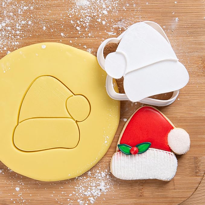 Flycalf Christmas Cookie Cutters with Plunger Stamps Christmas Hat Shapes Fall Holiday PLA Baking Accessories Cutter Molds Gifts for Kids Decorative Party 3.5" Kitchen Cake Supplies