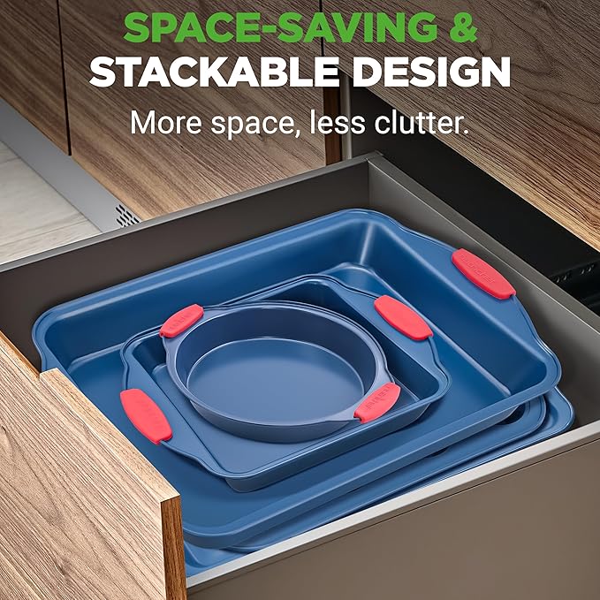 NutriChef 8-Piece Bakeware Set - Nonstick Carbon Steel Baking Pans with Red Silicone Handles, Blue Coating, Durable & Stain-Resistant, Perfect for Baking Cakes, Muffins, Cookies (Blue)