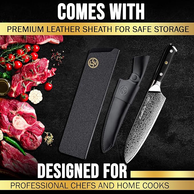SliceElite Elite Series 7 Inch Santoku Knife VG10 Damascus Steel G10 Handle Dual Protection Cutting Kitchen Tool Sharp Vegetable Meat Chopping BBQ Chef Slicing Cleaver Cooking Camping Butcher Gift