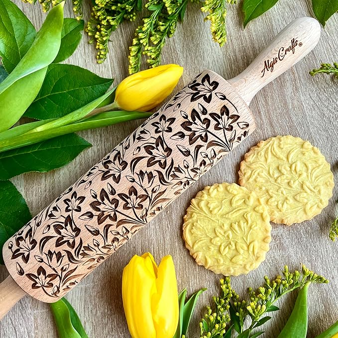 TULIPS embossing Rolling pin. Wooden embossed dough roller with flowers for embossed cookies and pottery by Algis Crafts