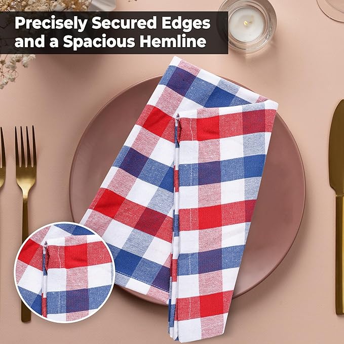 Urban Villa Cotton Dinner Napkins Set of 6, 20x20 Inche Soft Premium Cotton Napkins, Hotel Quality Highly Absorbent, Reusable & Washable Table Dinner Napkins (Red/Blue/White, Buffalo Checks)