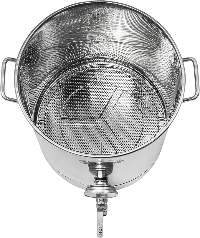 BREWSIE Stainless Steel Home Brew Kettle w/Dual Filtration. Equip with False Bottom Thermometer and Ball Valve for Brewing (8 Gal/ 32 QT)…
