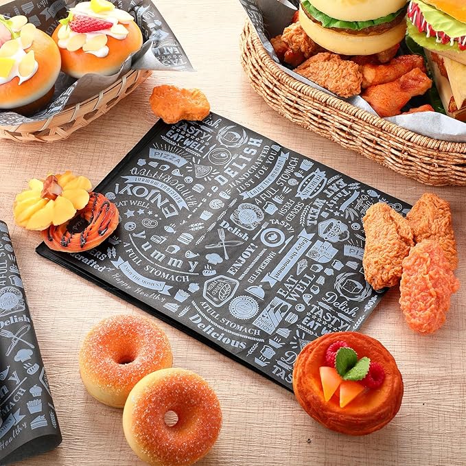Outus 600 Pcs 8 x 10 inch Deli Wax Paper Sheets Grease Resistant Tray Basket Liners Newsprint Paper Water and Grease Proof Sandwich Wrapping Square Hot Dog Wrappers for Food Baking(Black)