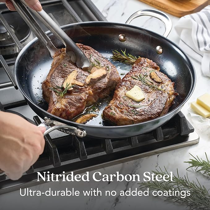 Anolon Everlast N2 Carbon Steel Frying Pan/Skillet with Helper Handle Compatible with All Cooktops, Metal Utensil Safe, 12 Inch - Black
