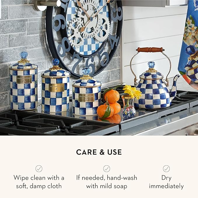 MACKENZIE-CHILDS Enamel Canister Set, Small (38 oz.), Medium (48 oz.), and Large (64 oz.) Kitchen Containers, Blue-and-White Royal Check