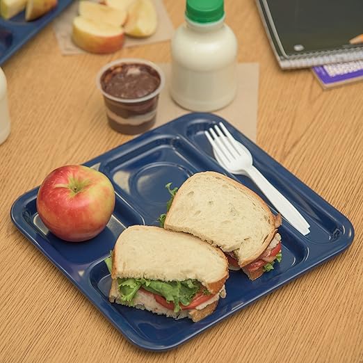 Carlisle FoodService Products Plastic Food Tray, Right-Hand 4-Compartment Tray for Schools, Dining Halls, and restaurants, Melamine, 10 x 9.75 Inches, Blue