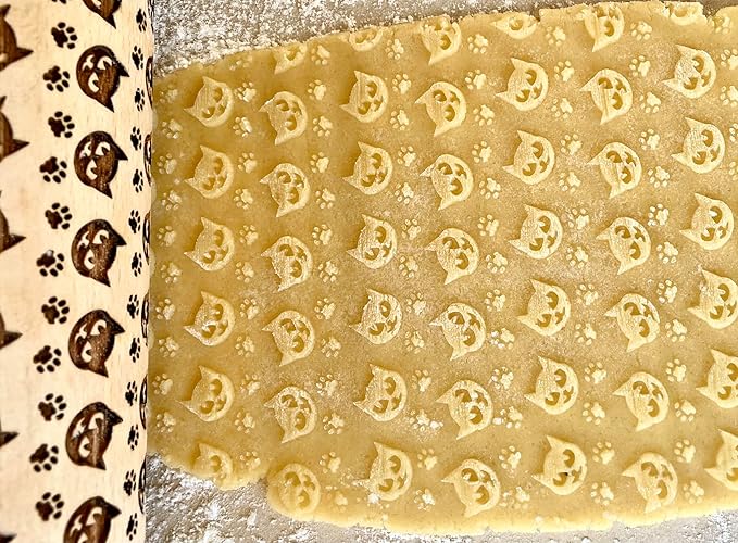 PUSSY CAT EMBOSSING ROLLING PIN ENGRAVED with CAT PAW for EMBOSSED COOKIES or PASTA KITTY CATS