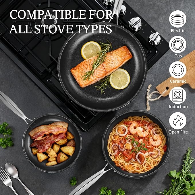 KITEXPERT Non Stick Frying Pans with Lid, 12" Titanium Ceramic Pan Nonstick Stainless Steel Skillet, PFAS PFOA & PTFE Free, Quick-Cool Handle, Dishwasher & Oven Safe, Compatible with All Cooktops