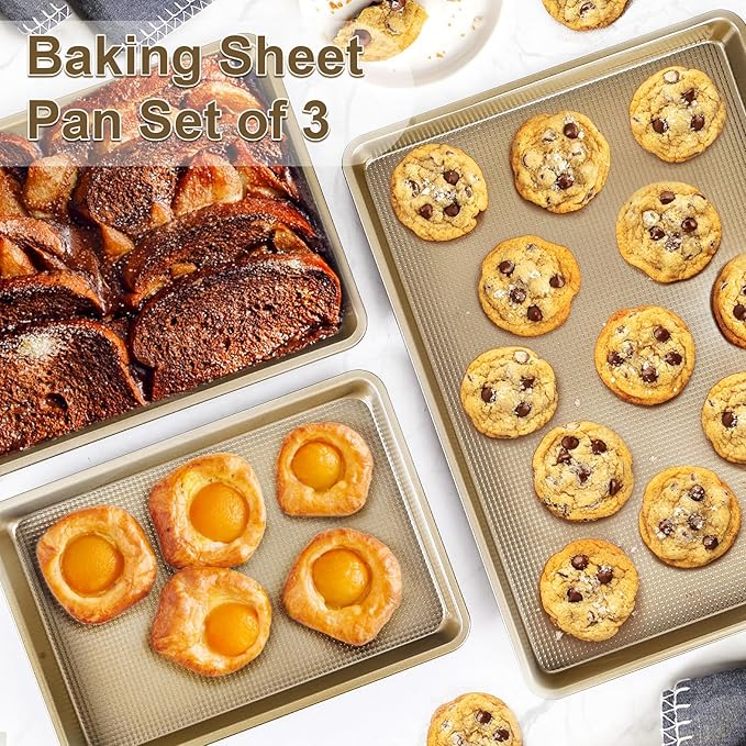 Baking Sheet Baking Pan Set of 3, Nonstick Cookie Sheets for Baking Supply, Carbon Steel Half/Jelly Roll/Quarter Baking Tray with Diamond Texture, 0.8mm Thick Heavy Duty Cookie Tray Oven Pan