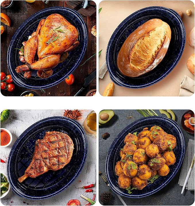 Roasting Pan with Lid and Rack 18" Dark Blue and White Speckled Design Large Oval Enamel Roast pan,Perfect for Thanksgiving Christmas Parties and Dinner Gatherings with Mesh Frame Gift Packaging