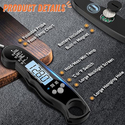 Digital Meat Thermometer, Waterproof Instant Read Food Thermometer for Cooking and Grilling, Kitchen Gadgets, Accessories with Backlight & Calibration for Candy, BBQ Grill, Liquids, Beef, Turkey…