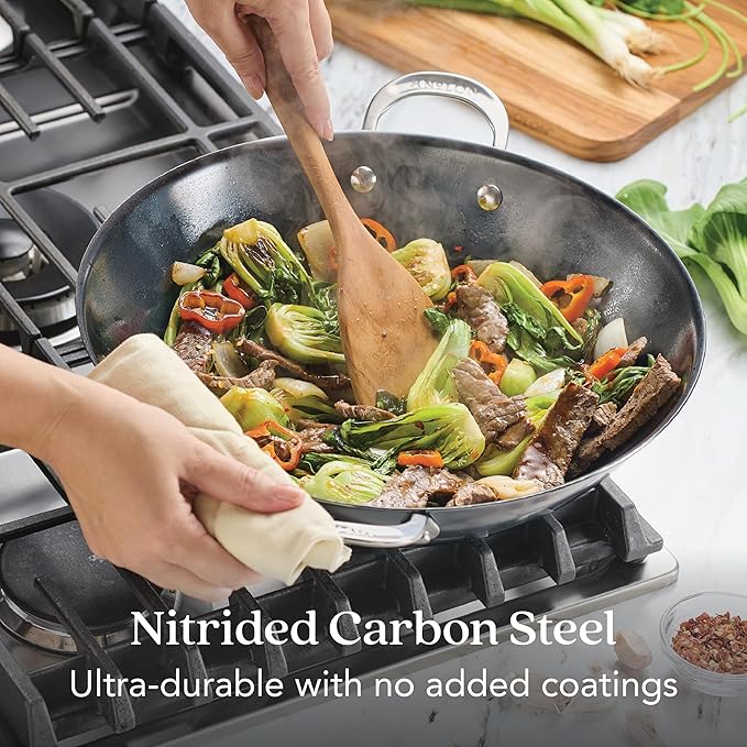 Anolon Everlast N2 Carbon Steel Wok/Stir-Fry Pan, Compatible with All Cooktops, Metal Utensil Safe, 14 Inch - Black