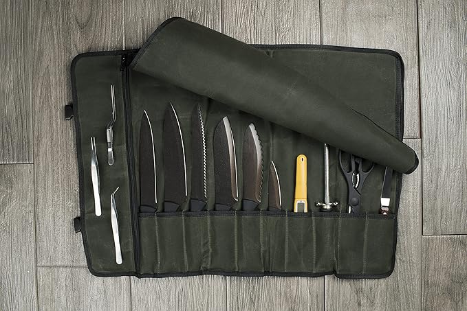 Asaya Canvas Chef Knife Roll Bag - 10 Knife Slots and a Large Zipper Pocket - Durable 10oz Canvas Knife Case with an Adjustable Shoulder Strap - Knives not Included (Forest Green)