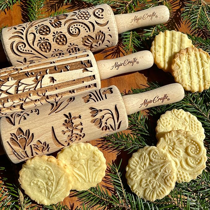 SEASONS 3 Mini Embossed Rolling Pin Set. Wooden Laser Cut Mini Rolling Pins for cookies or clay with spring flowers, tulips, daffodils, strawberries, raspberries, birch, trees by Algis Crafts