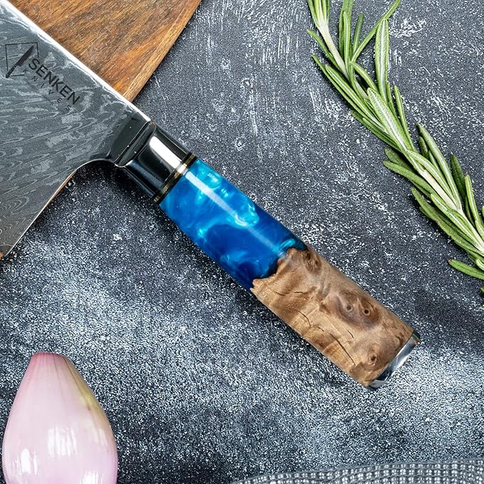 SENKEN Damascus Steel Cleaver Knife - Tsunami Collection - 67-Layer Japanese VG10 Steel - Unique Blue Resin & Natural Wood Handle, Razor Sharp, Beautiful Damascus Wave Pattern (7.5" Cleaver Knife)