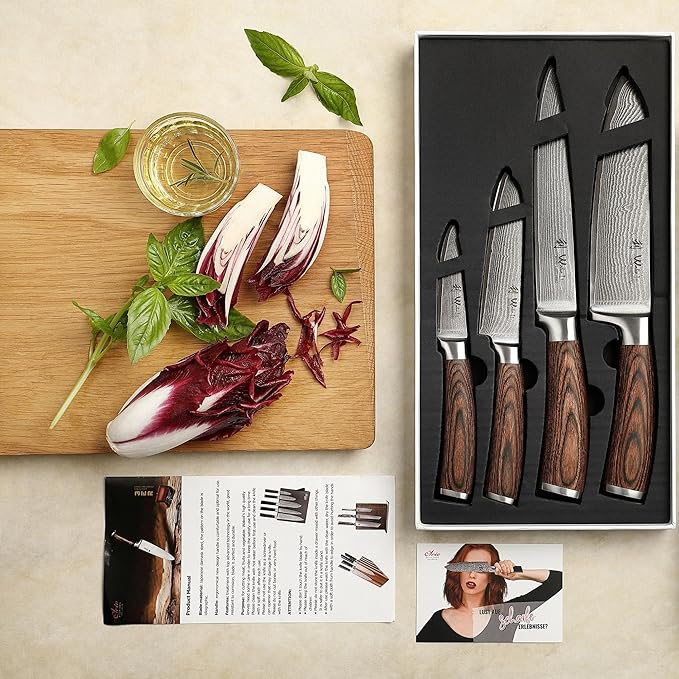 Wakoli EDIB 4-Piece Damascus Knife Set – Japanese Style Professional Kitchen Knives | Genuine Damascus Steel Blades with VG10 Core | Ergonomic Pakkawood Handles | Premium Chef Knife Gift Set