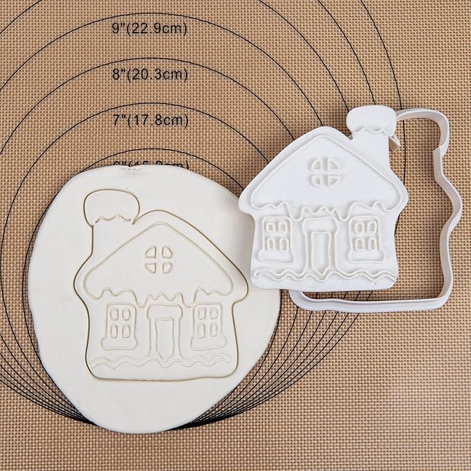 Flycalf Christmas Cookie Cutters House Shapes with Plunger Stamps Holiday PLA Baking Accessories Cutter Molds Gifts Decorative Party 3.5" Kitchen Cake Supplies