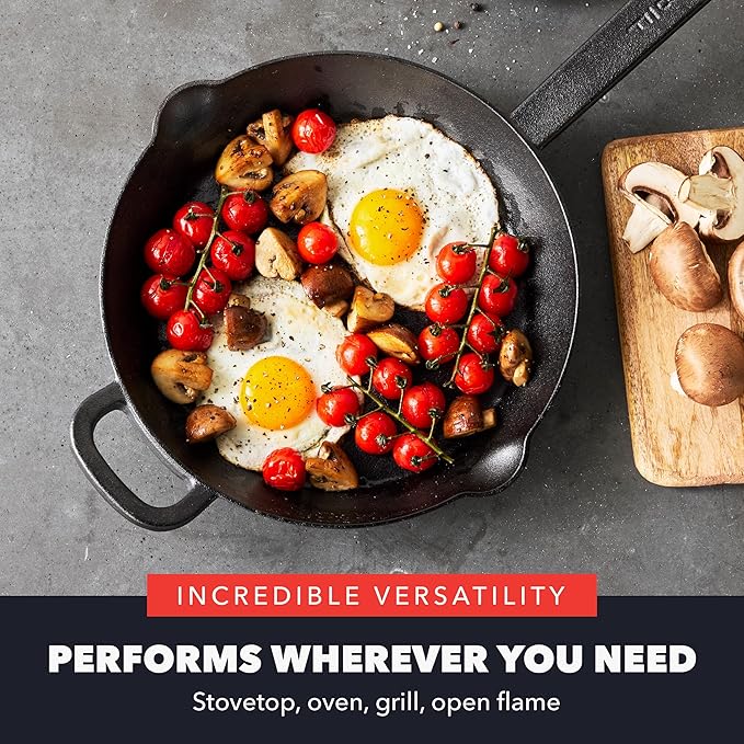 GreenPan x Bobby Flay 10” Cast Iron Pre-Seasoned Skillet with Helper Handle, Professional Grade Heavy Duty, Induction, Pour Spouts, Versatile Stovetop, Oven, BBQ Grill Fire, Indoor/Outdoor Use, Black