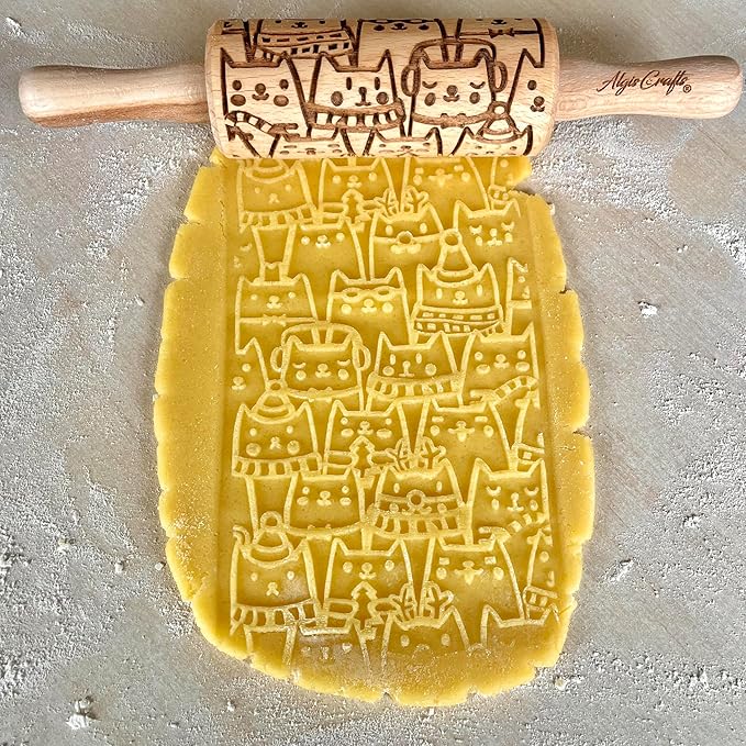 CATS 3 Mini Embossed Rolling Pin Set – Wooden Laser-Engraved Textured Rolling Pins for Cookies, Modeling Clay, Ceramics – Various Cat Patterns by Algis Crafts