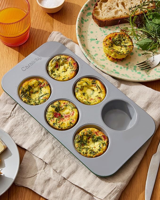 Caraway Nonstick Ceramic 6 Cup Muffin Pan Duo – Non-Toxic, PTFE & PFOA Free – Oven Safe – Aluminized Steel Core – Small Muffin Pan for Baking Cupcakes, Muffins & More - Gray
