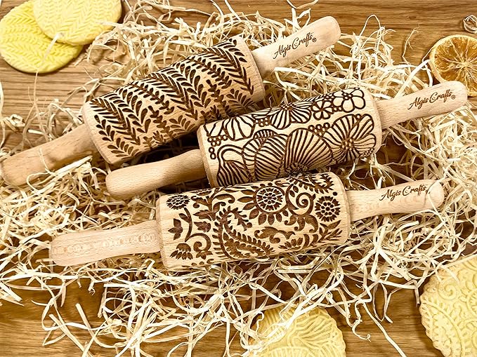 FLORAL 3 Small Textured Rolling Pin Set. Wooden laser engraved embossing dough roller for embossed cookies gift for Birthday, Easter by Algis Crafts